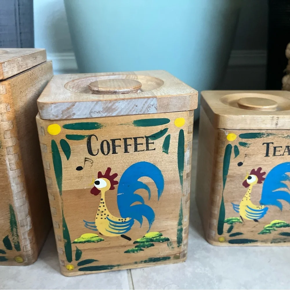 Vintage*Wood Rooster/ Rustic Wooden Kitchen Canister Set with Rooster Design